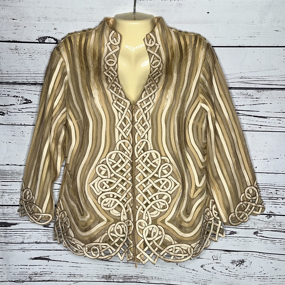 Obstinee by IKA Size 14 Tan Ribbon - Mesh Zip Front Wearable Art Jacket